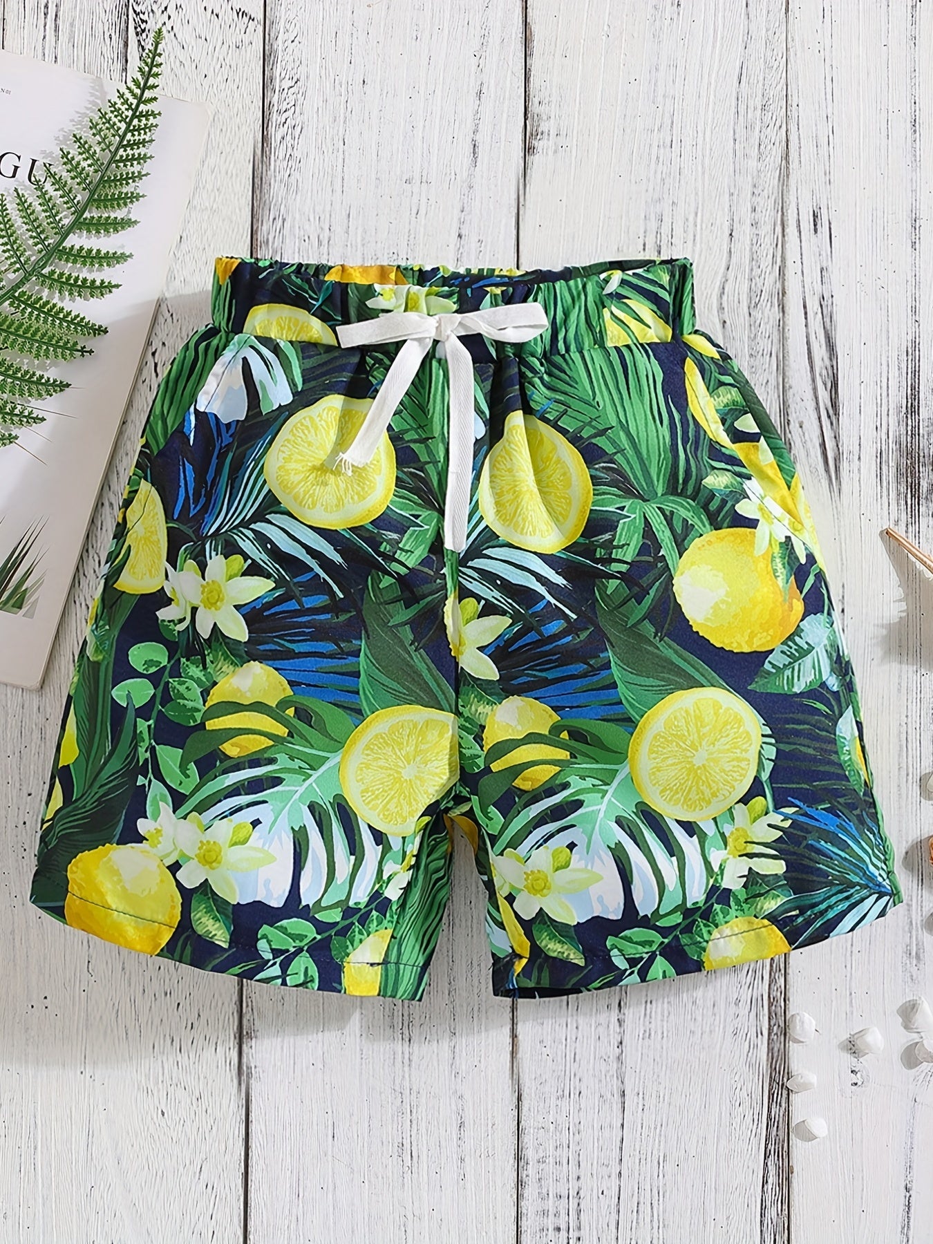Boys Lemon Flower & Leaf Print Casual Shorts for Vacation Beach