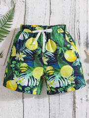 Boys Lemon Flower & Leaf Print Casual Shorts for Vacation Beach