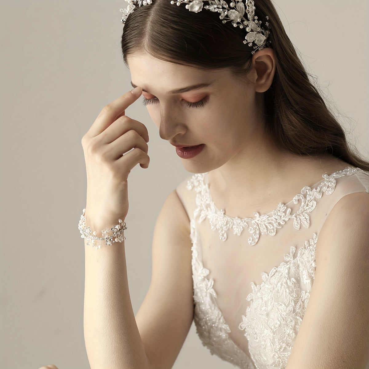 Faux Pearl Rhinestone Wristband Mesh Ribbon Bridal Wedding Accessory