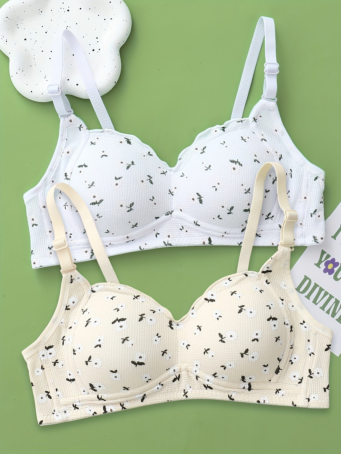 2pcs Floral Print Adjustable Strap Teen Bras