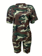 Camouflage Print Two Piece Set Casual T-shirt & Skinny Shorts