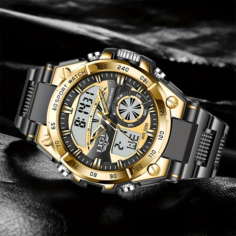 LIGE Sports Dual Display Watch 50M Waterproof Quartz Military Alarm Clock