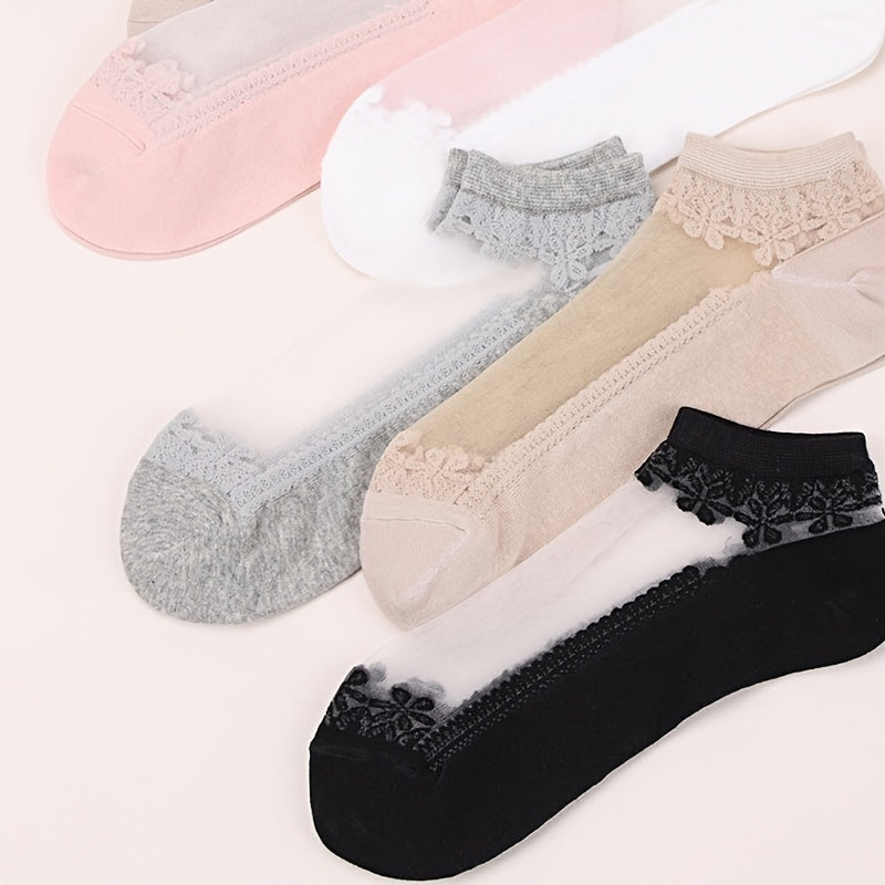7 Pairs Lace Stitching Mesh Socks - Floral Embroidery Ankle Stockings