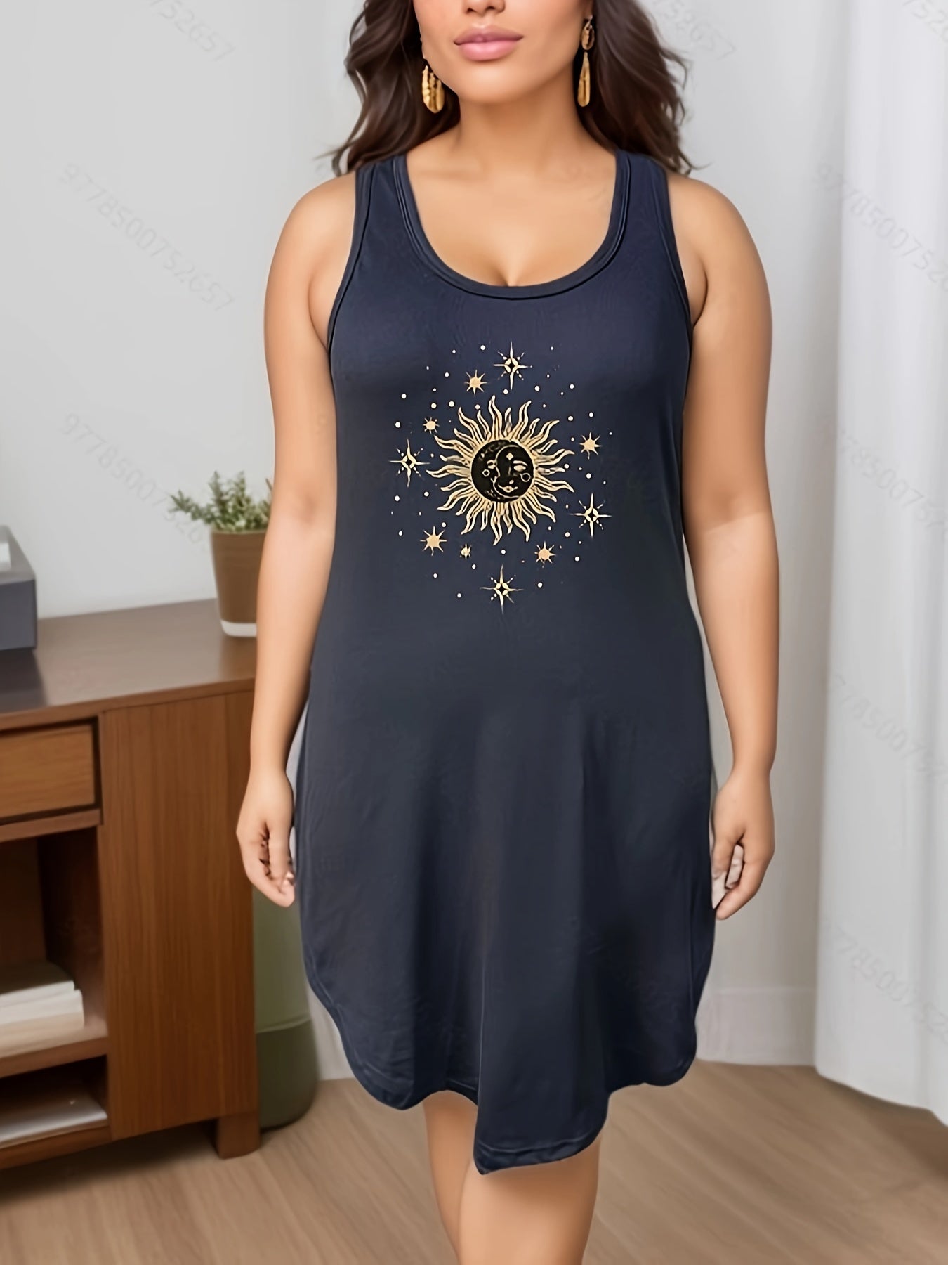 Sun Moon Print Scoop Neck Tank Sleep Dress