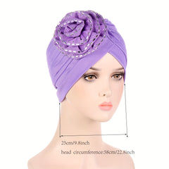 Round Rhinestone Flower Turban Beanie Head Scarf Chemo Cap