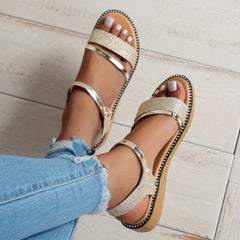 Women's Glitter Flat Sandals Open Round Toe Ankle Strap Shoes