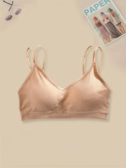 4pcs Solid Ribbed Wireless Bras Double Straps Women's Lingerie