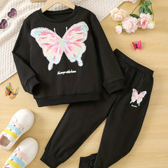 Girl's Butterfly Pattern Hoodie & Sports Pants Set