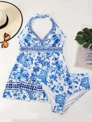 Boho Swimsuit Set Floral Print V Neck Halter Dress & Bott