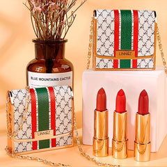 Matte Lipstick Set 3 Colors Lip Stick With Green Chain Bag