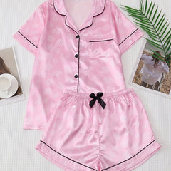 Rose Print Satin Pajama Set Short Sleeve Top & Shorts