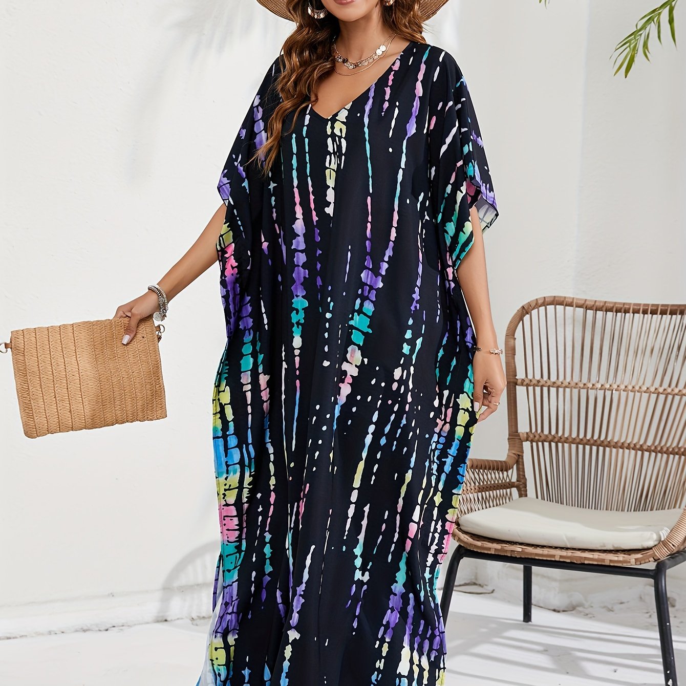 Boho Cover Up Tie Dye Striped Batwing Sleeve Maxi Split Dress