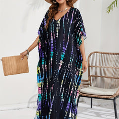 Boho Cover Up Tie Dye Striped Batwing Sleeve Maxi Split Dress