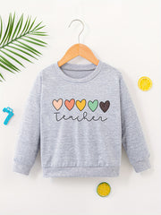 Hearts Print Sweatshirt For Girls Round Neck Pullover Tops