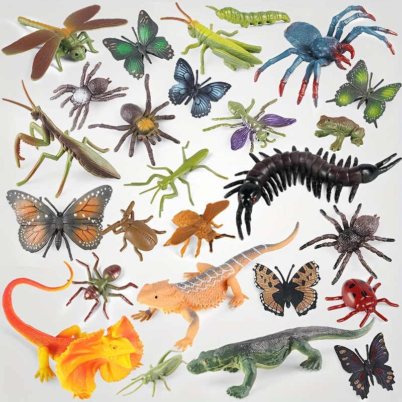 26pcs Realistic Insect Model Set Butterflies Mantis Spider Lizard Frog & More