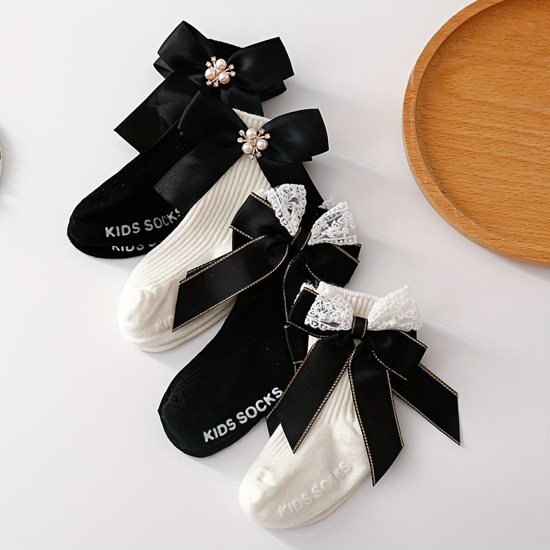 4 Pairs Bowknot Socks Girls 0-3 Years Breathable Comfy Spring Autumn