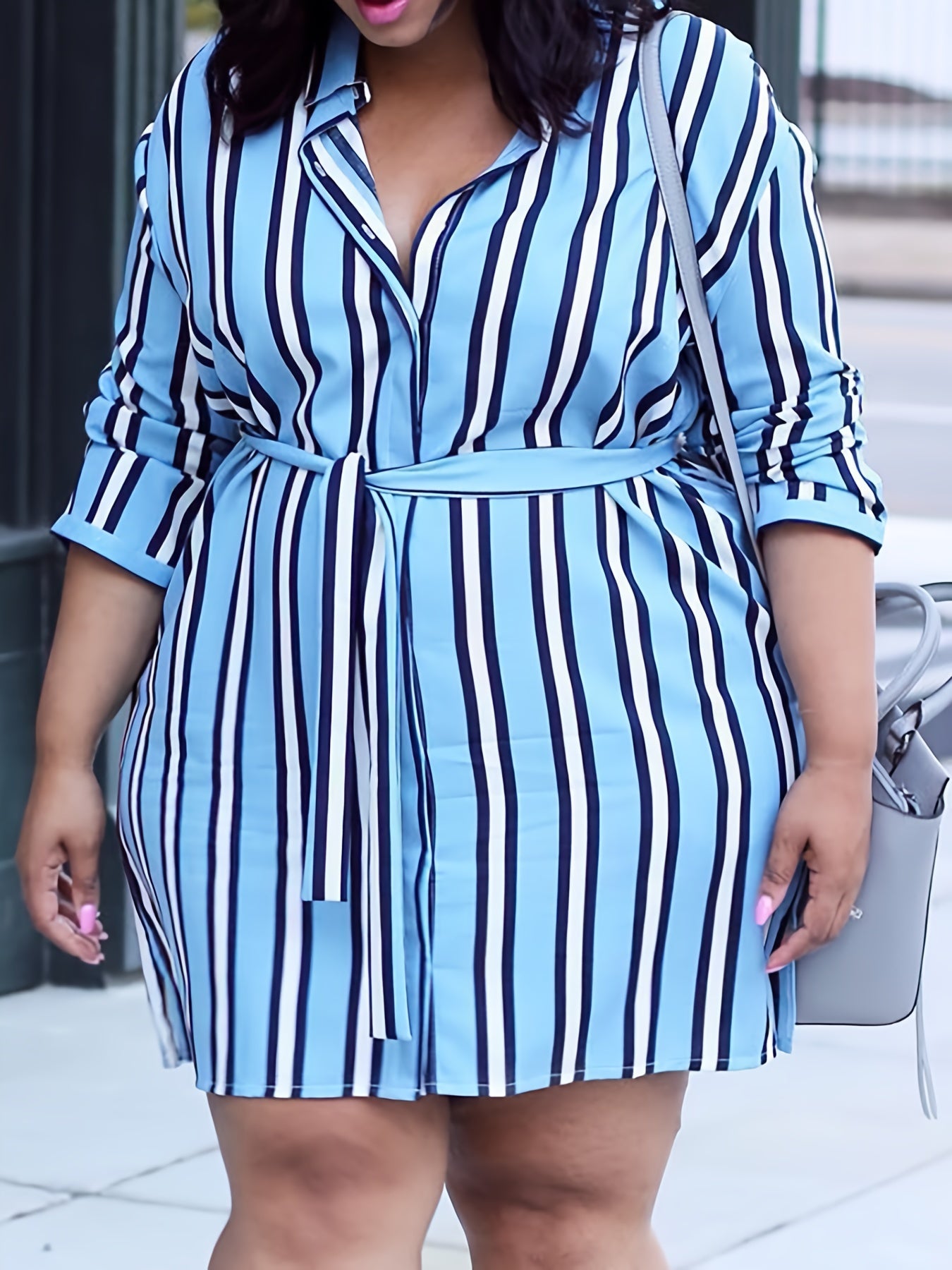 Casual Dress Women's Plus Stripe Long Sleeve Dress