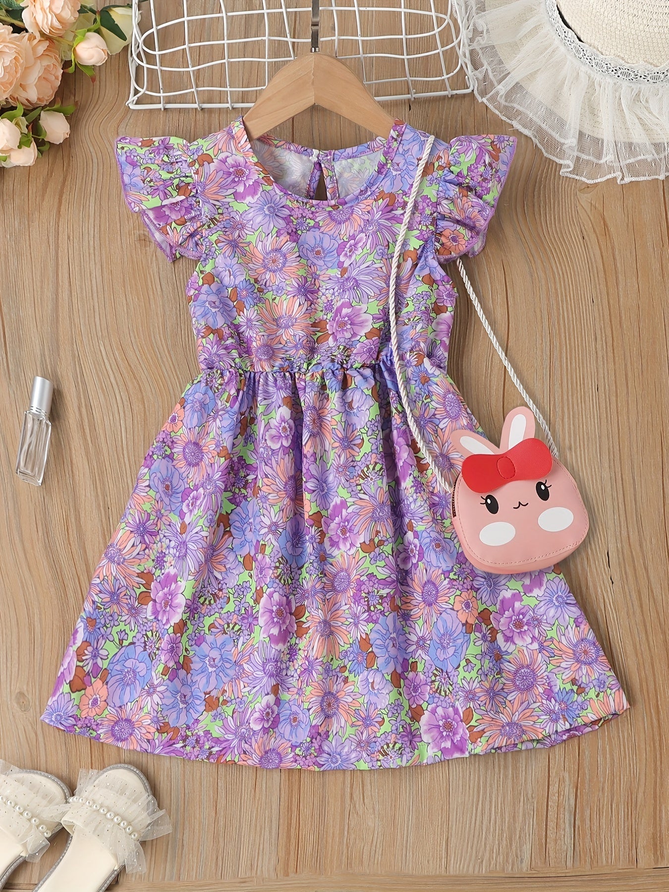 Girls Ruffle Trim Flowers Graphic Princess Dress For Party Beach Vacation