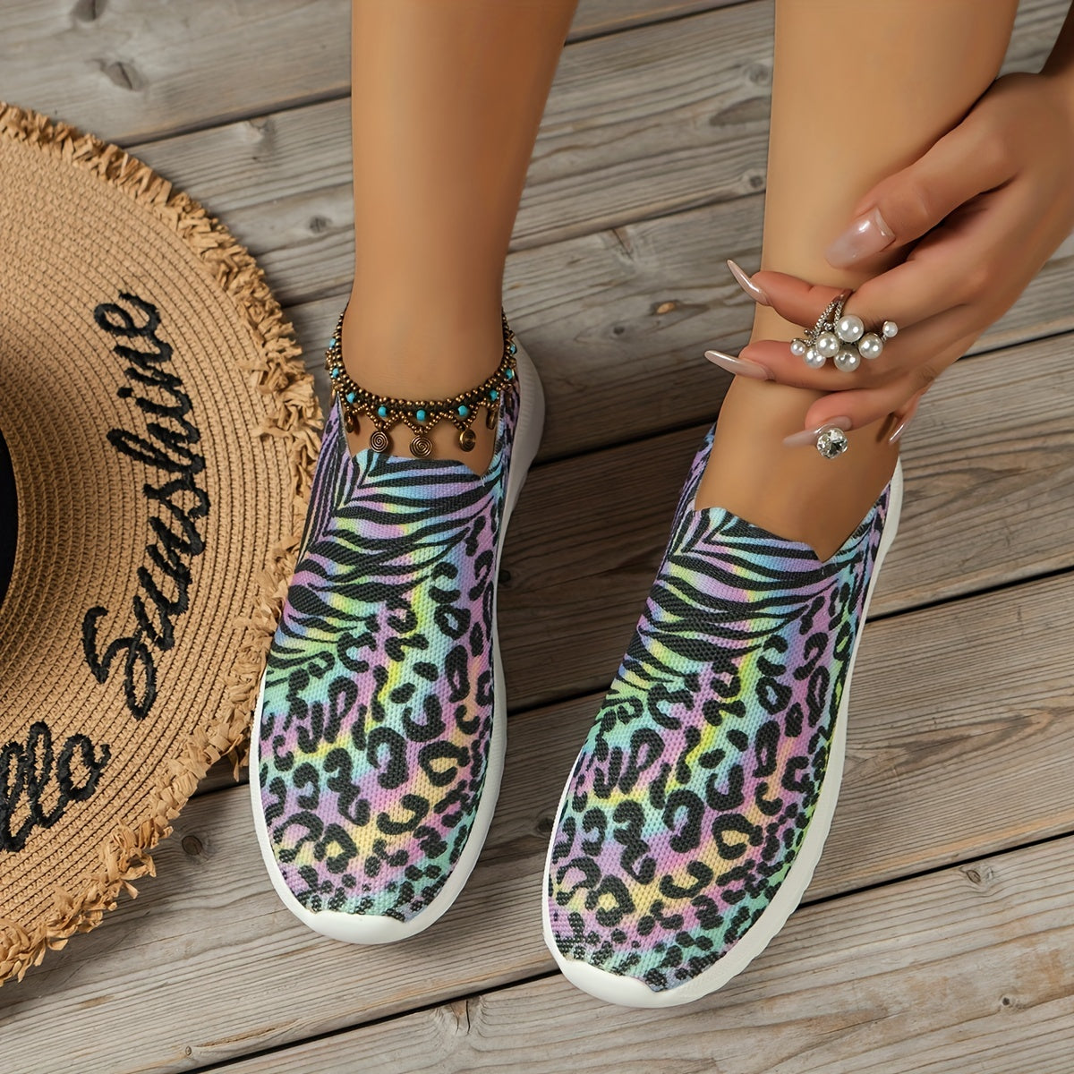 Women's Colorblock Print Slip On Sneakers Non Slip Lightweight Shoes