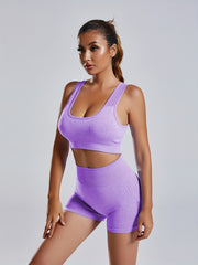 2pcs Hollow Back Sports Bra & High Waist Butt Lifting Yoga Workout Shorts
