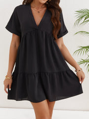Ruched V Neck Dress Short Sleeve Casual Dress