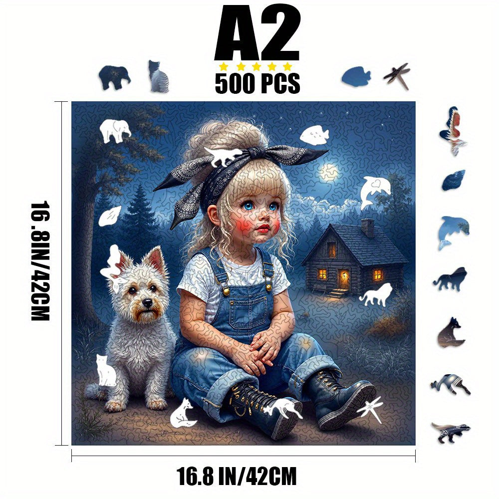 Wooden Jigsaw Puzzle Enchanting Girl & Dog Moonlit Night Scene Animal Si