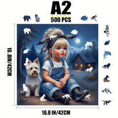 Wooden Jigsaw Puzzle Enchanting Girl & Dog Moonlit Night Scene Animal Si