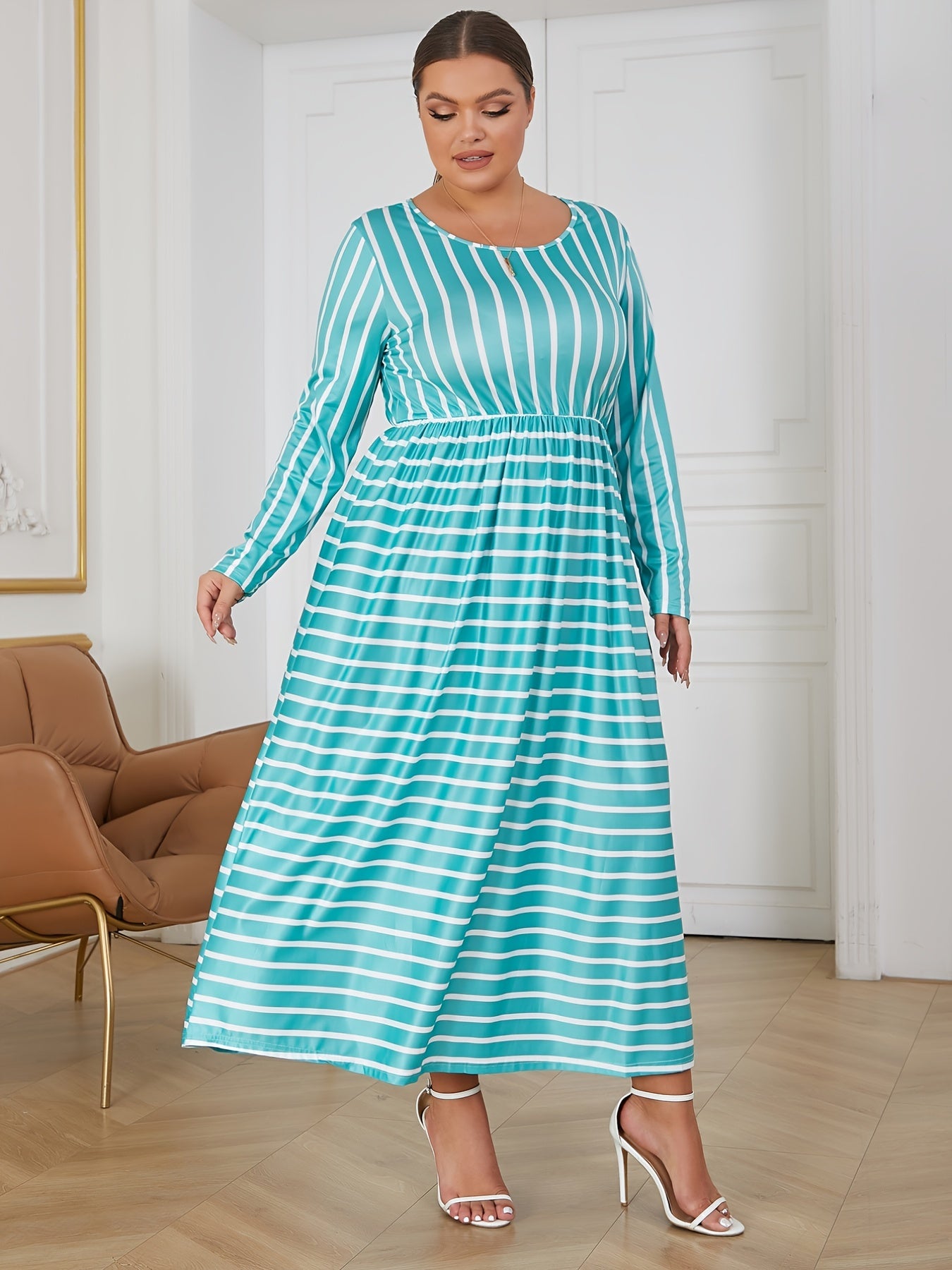 Striped Pattern Round Neck Loose Fit Maxi Dress Women's Plus Size