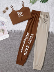 Girls Butterfly & Letter Cami Top & Sweatpants Set Kids Summer Clothes