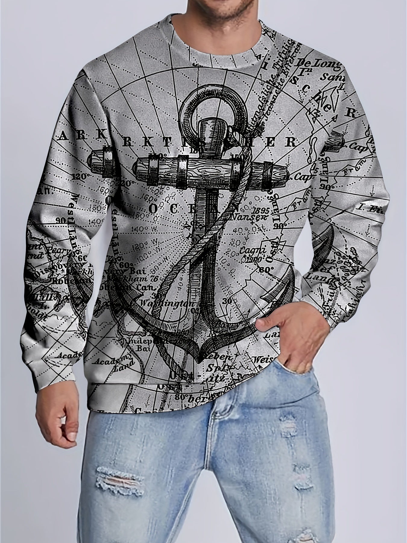 Retro Sailing Print Sweatshirt Men's Casual Graphic Pullover Sweatshirt