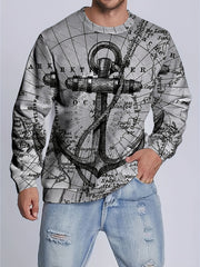 Retro Sailing Print Sweatshirt Men's Casual Graphic Pullover Sweatshirt