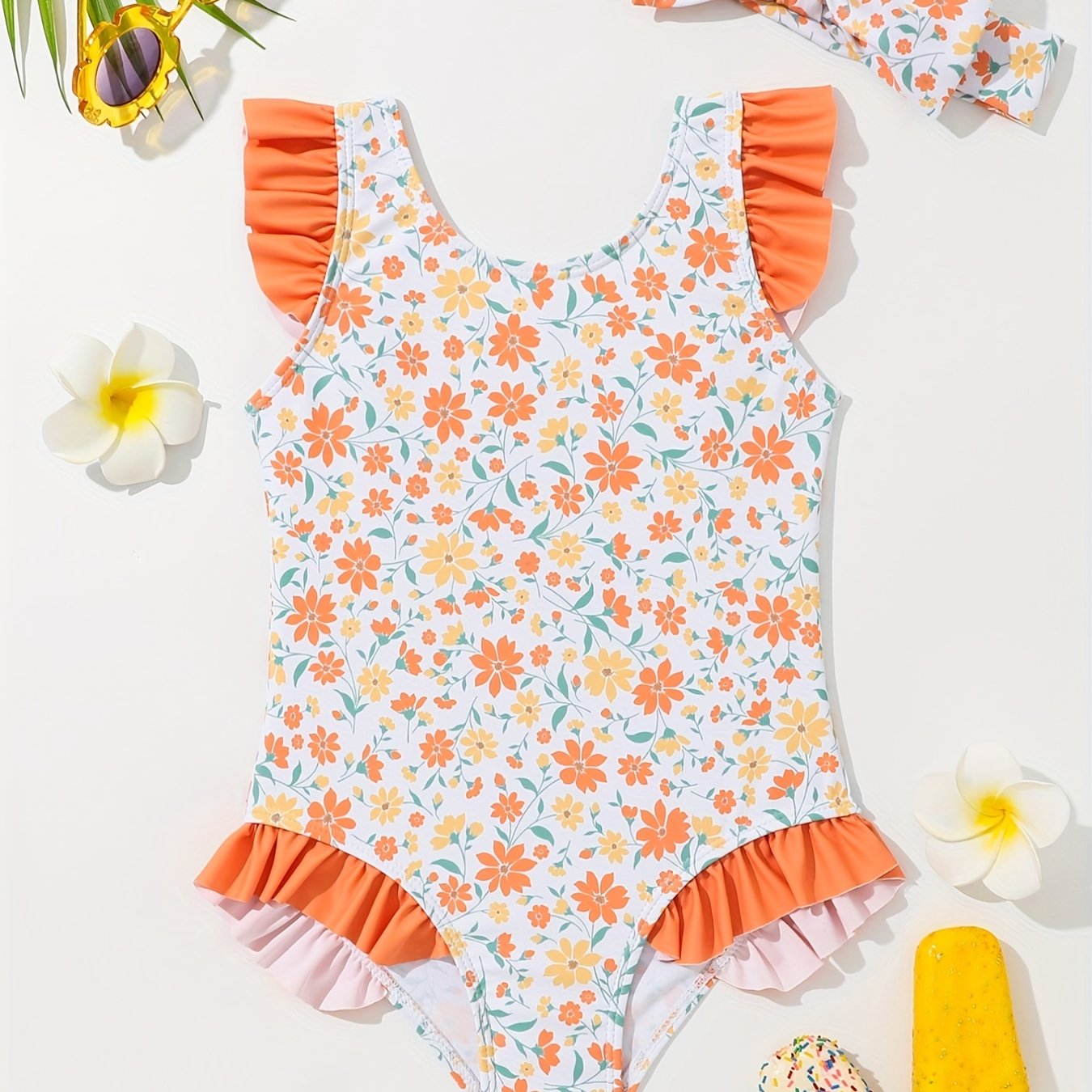 Baby Girls Floral Ruffle One piece Swimsuit With Headband