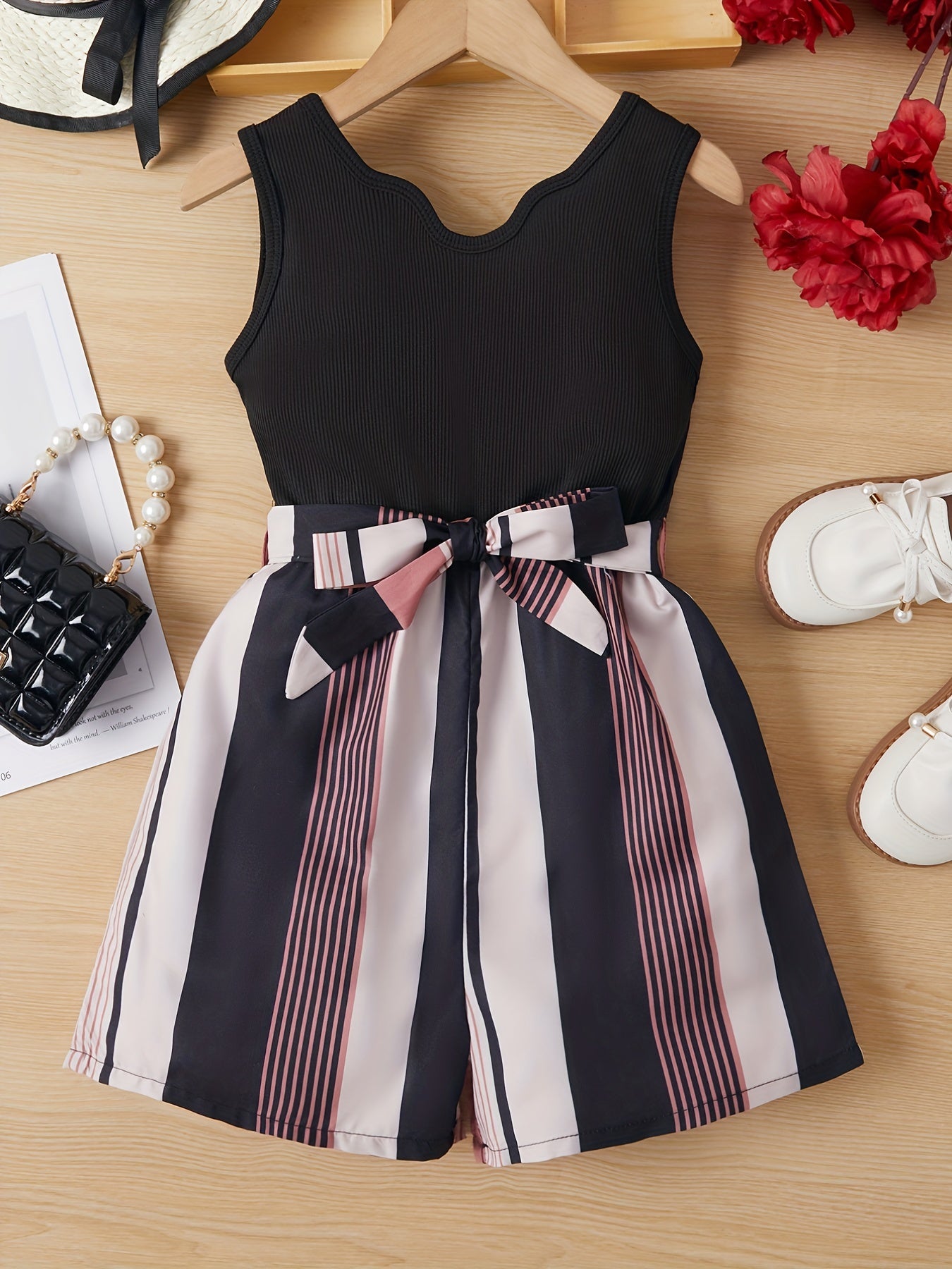 Girls Casual Sleeveless Jumpsuit Striped Bottom With Belt