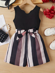Girls Casual Sleeveless Jumpsuit Striped Bottom With Belt