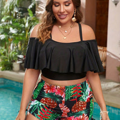 Vacay Tankini Set Women's Plus Solid Cold Shoulder Ruffle