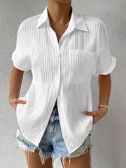 Blouse Solid Textured Batwing Sleeve Button Up Shirt