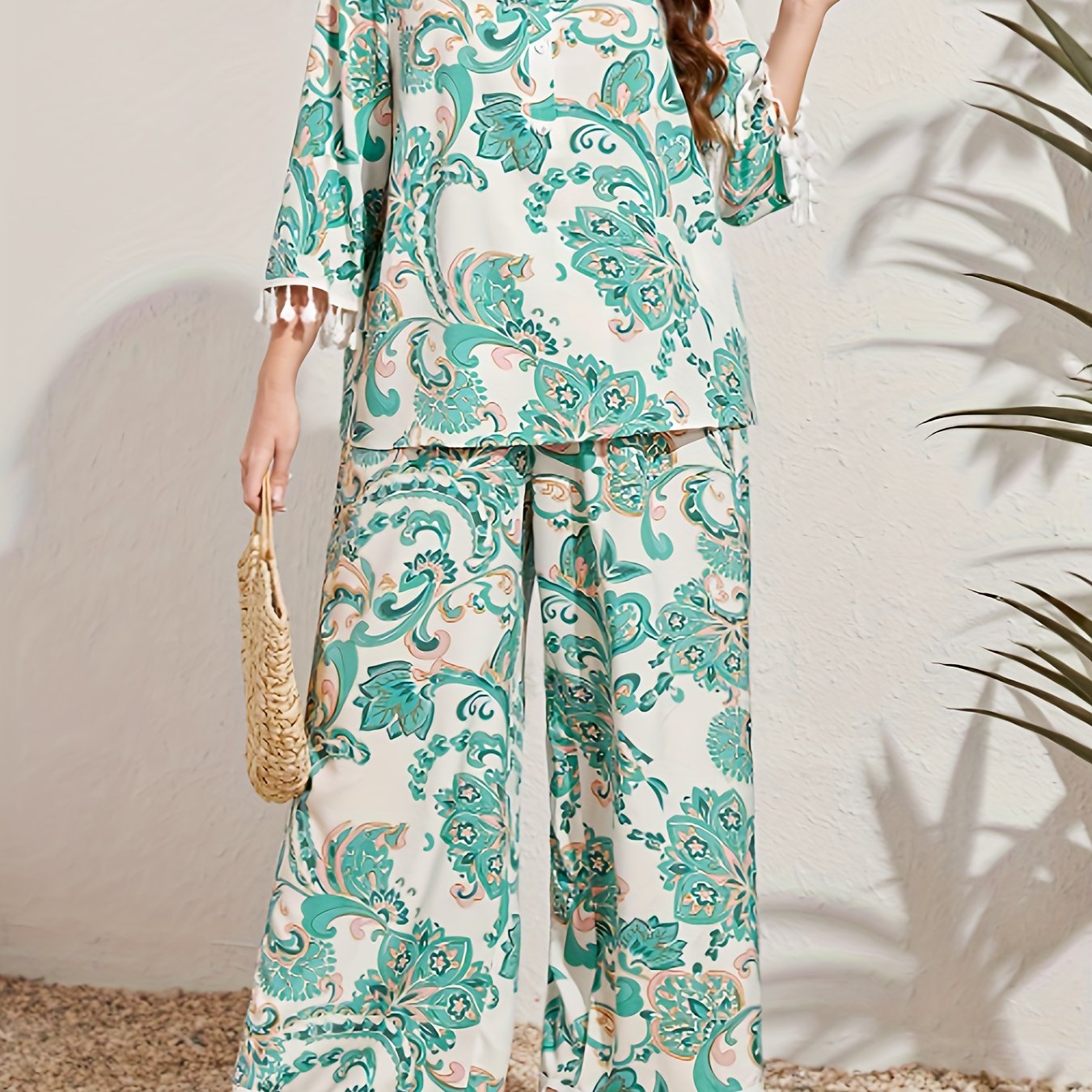 Floral Print Tassel Polo Neck Blouse & Wide Leg Pants Set