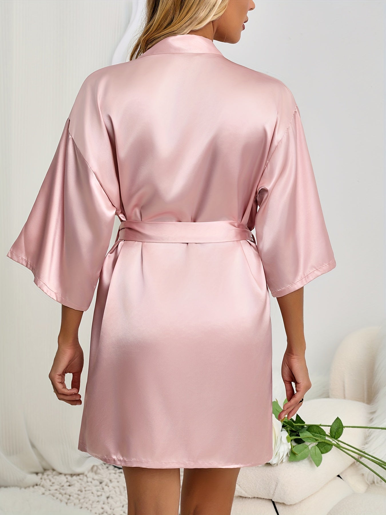 Satin V-Neck Robe Half Sleeve Nightwear With Belt