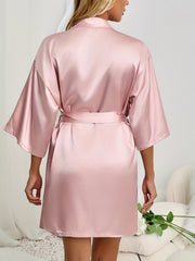 Satin V-Neck Robe Half Sleeve Nightwear With Belt