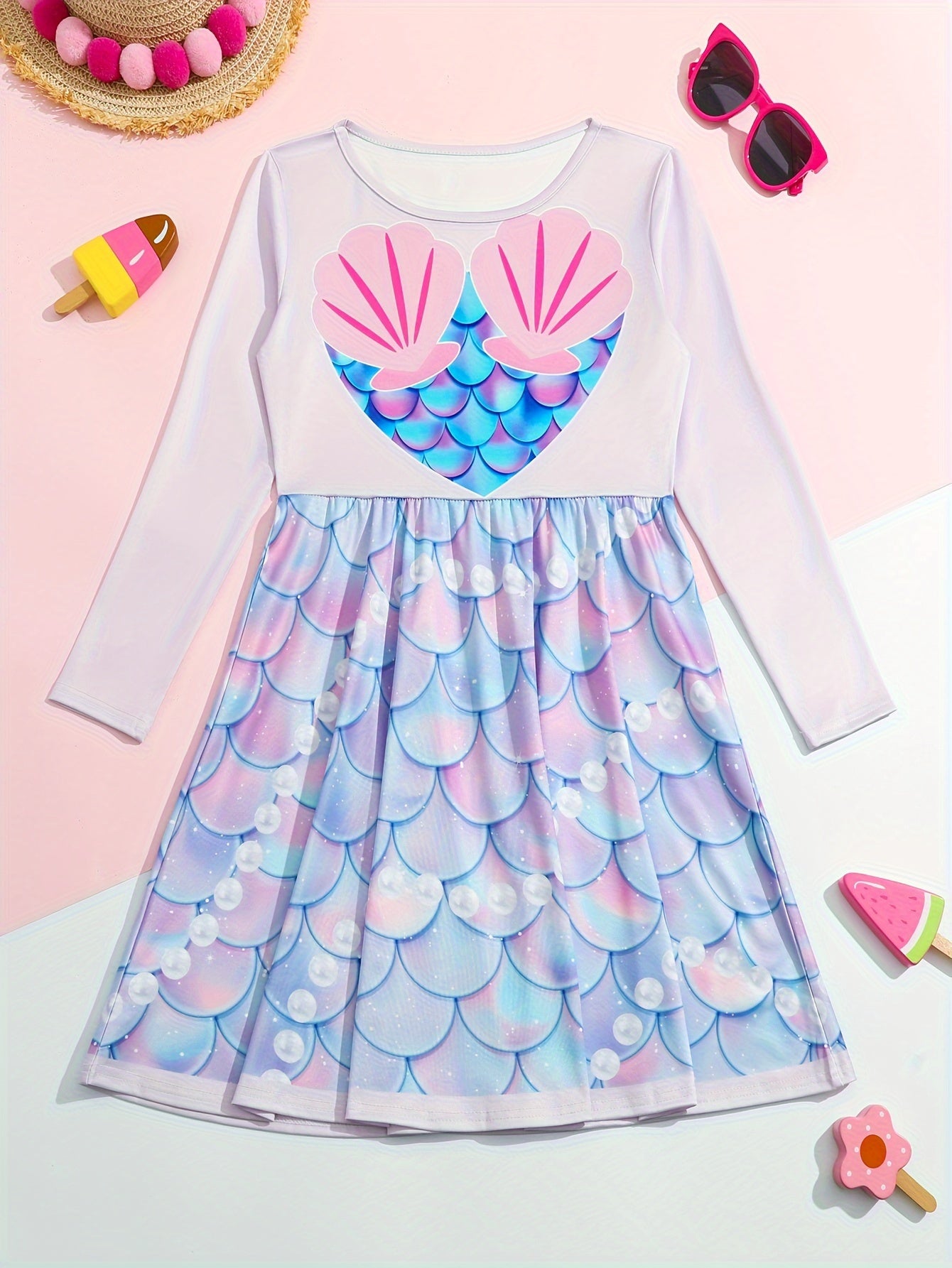 Girls Fish Scale Graphic Long Sleeve Dress
