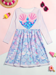 Girls Fish Scale Graphic Long Sleeve Dress