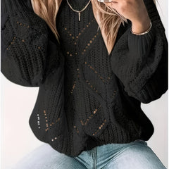 Solid Pointelle Knit Crew Neck Long Sleeve Sweater