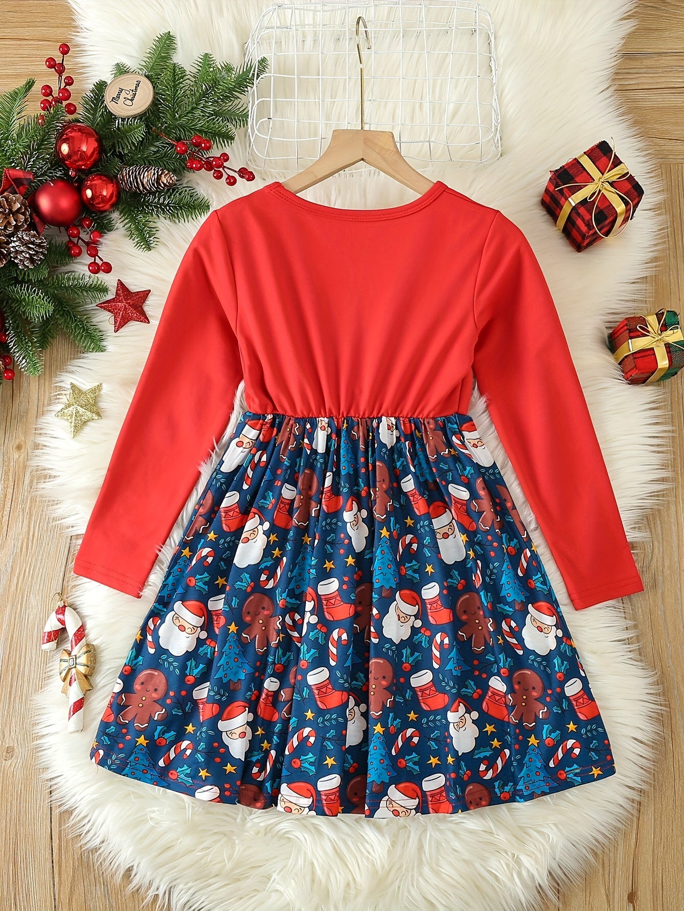 Girls Santa Graphic Long Sleeve Dress with Bow Belt