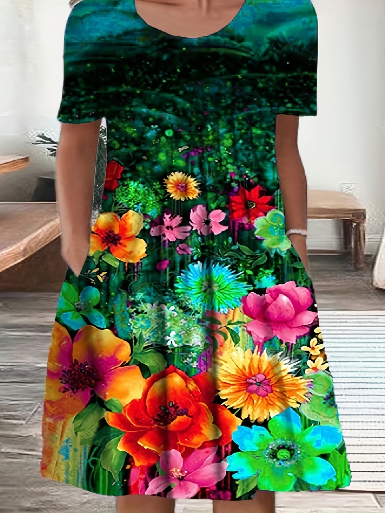 Floral Print Short Sleeve Dress With Pockets