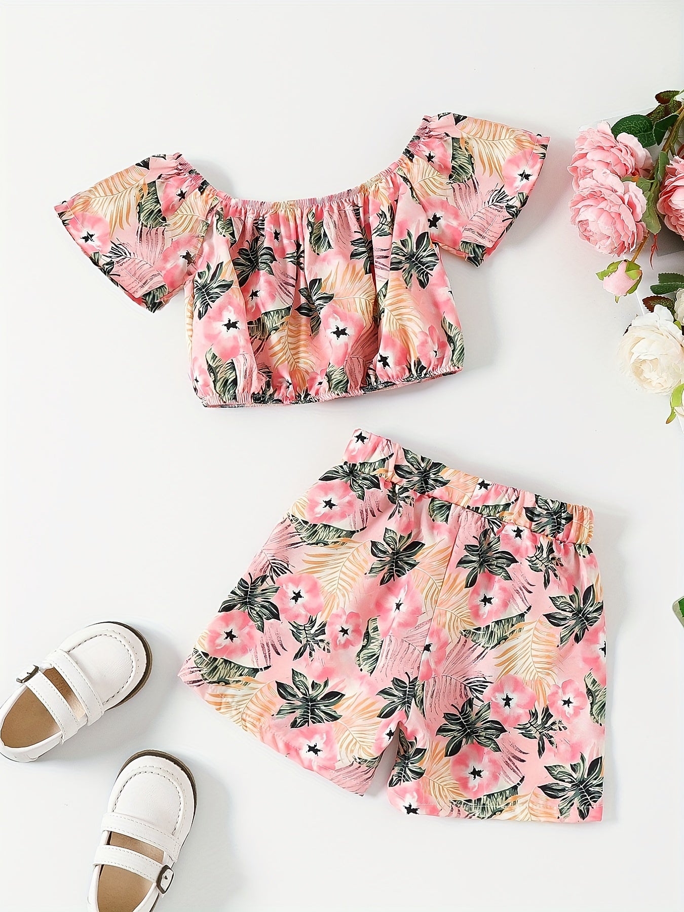 Girls Tropical Leaf Graphic Crop Top & Shorts Set for Summer Party