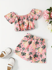 Girls Tropical Leaf Graphic Crop Top & Shorts Set for Summer Party