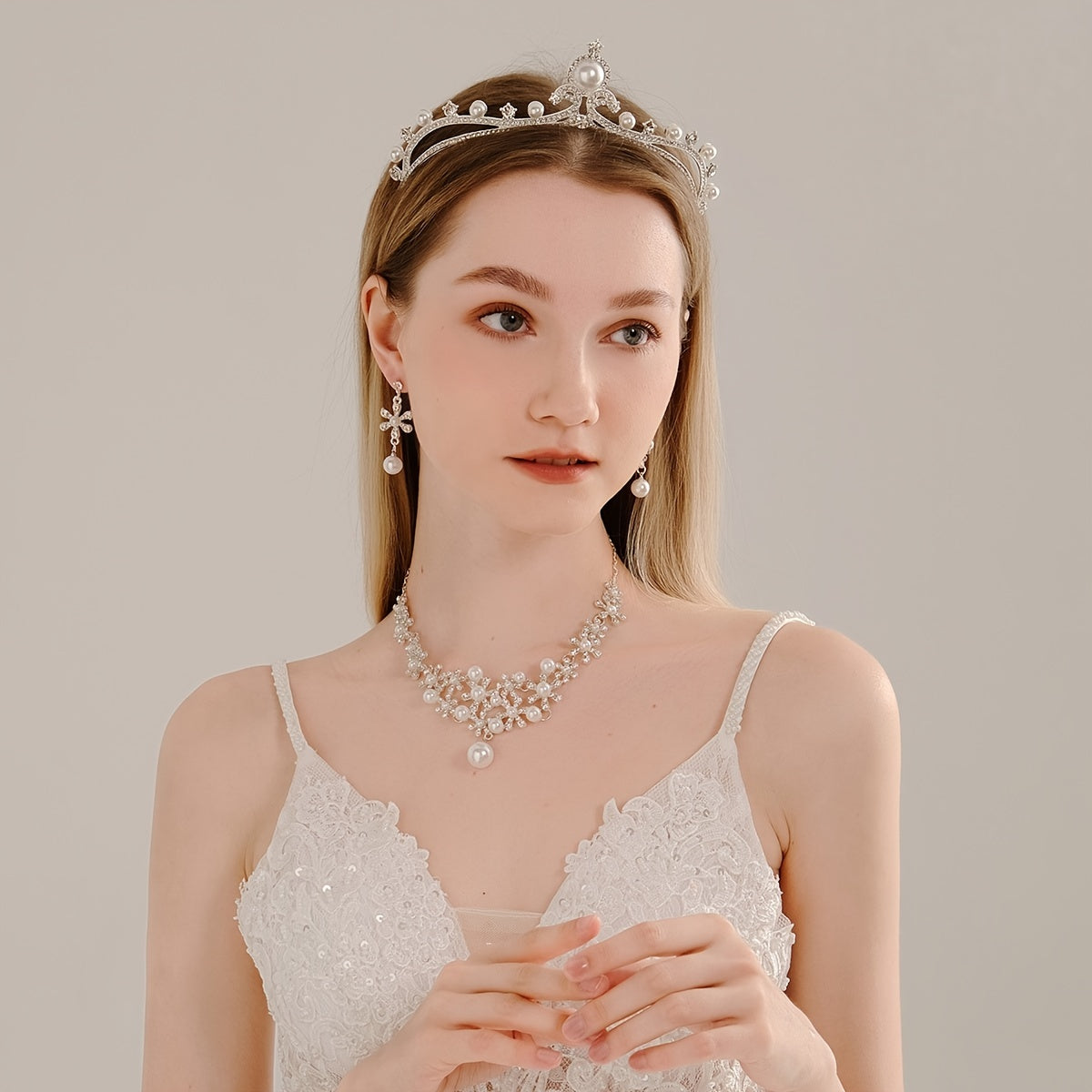 Bridal Rhinestone Jewelry Set: Crown, Hairpiece, Vine Neck