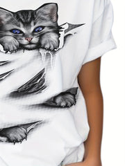 Creative Cat Graphic Short Sleeve T-shirt for Kids Summer Sports