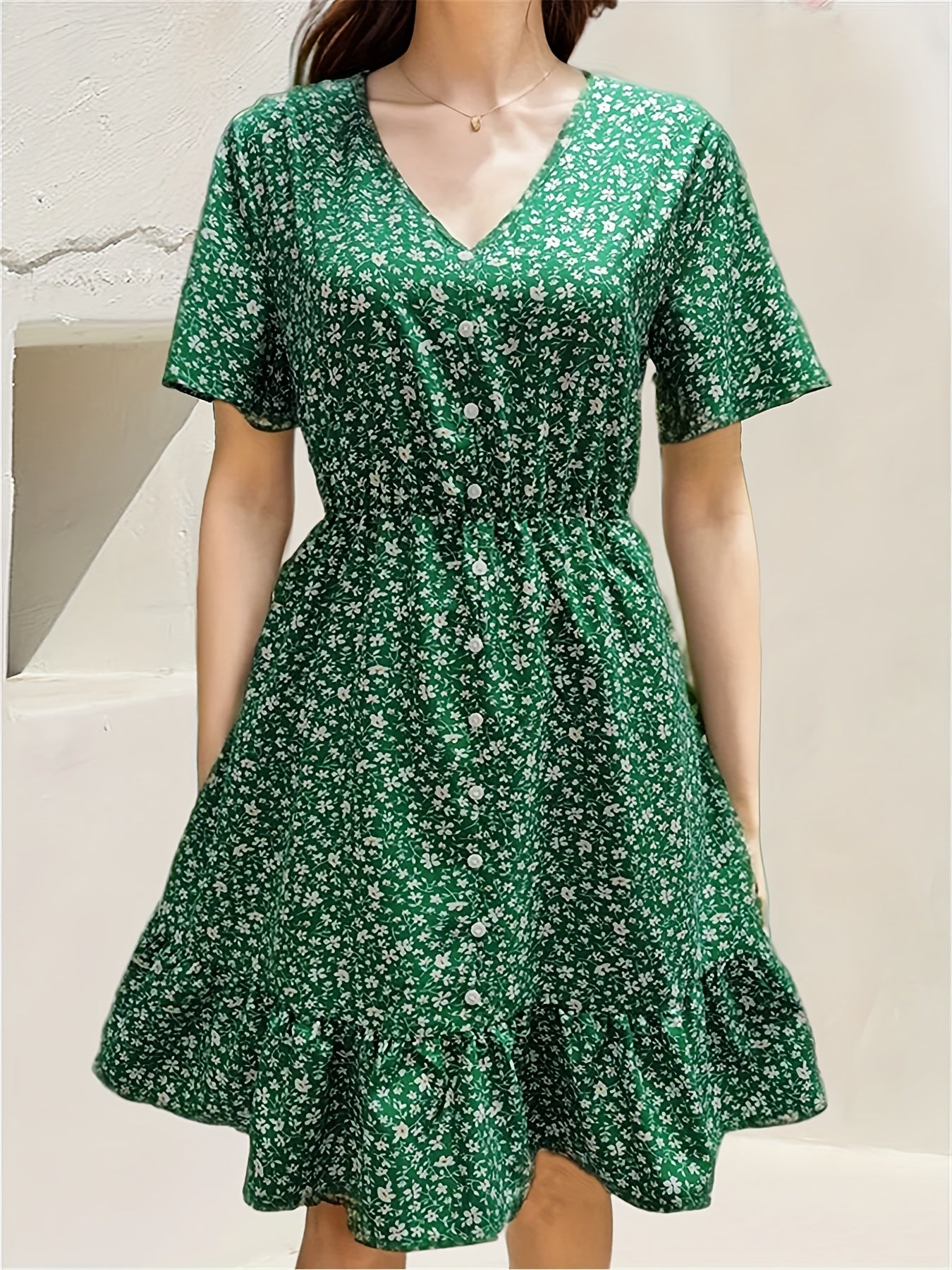 Floral Print Dress Button Front V Neck Summer Dress Women's Clothing