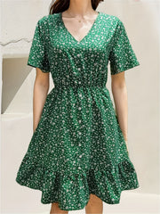 Floral Print Dress Button Front V Neck Summer Dress Women's Clothing